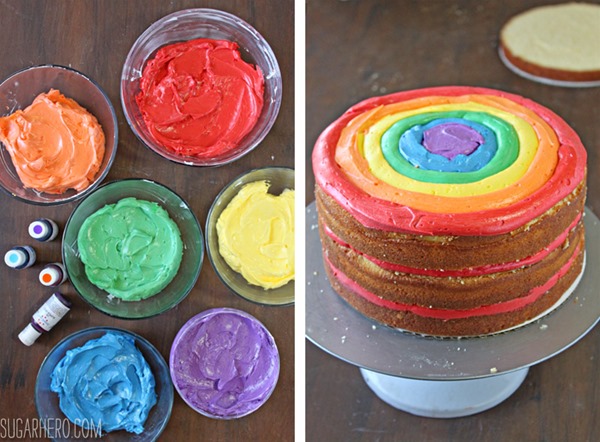 Rainbow in the Clouds Cake - with rainbow buttercream and fluffy cloud frosting | From SugarHero.com