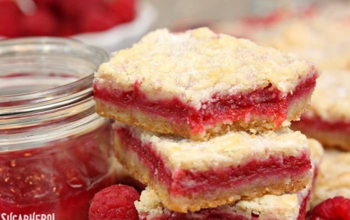 Raspberry Rhubarb Almond Bars | From SugarHero.com