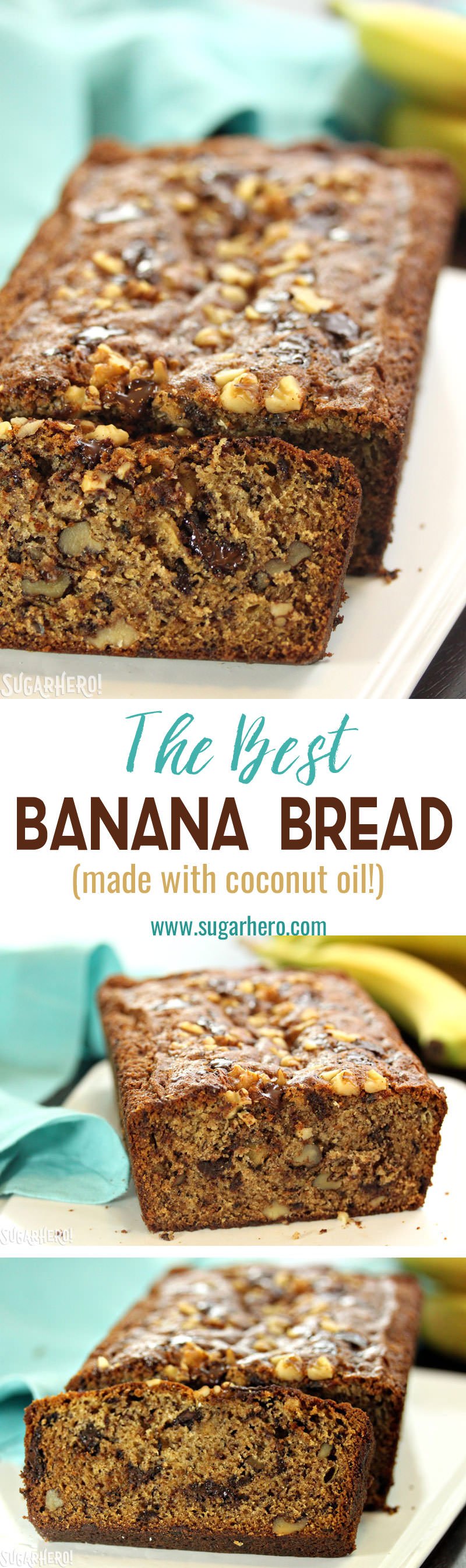 The ultimate banana bread - made with coconut oil and lots of chocolate chunks! | From SugarHero.com