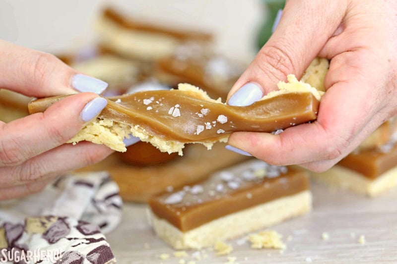 Salted Caramel Bars - buttery shortbread, soft and chewy caramel, and crunchy sea salt! | From SugarHero.com Salted Caramel Bars - with a fabulously soft and chewy caramel layer on top! | From SugarHero.com