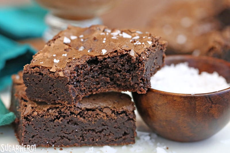 Salted Fudge Brownies | From SugarHero.com Salted Fudge Brownies - rich and fudgy brownies with big flakes of sea salt! | From SugarHero.com