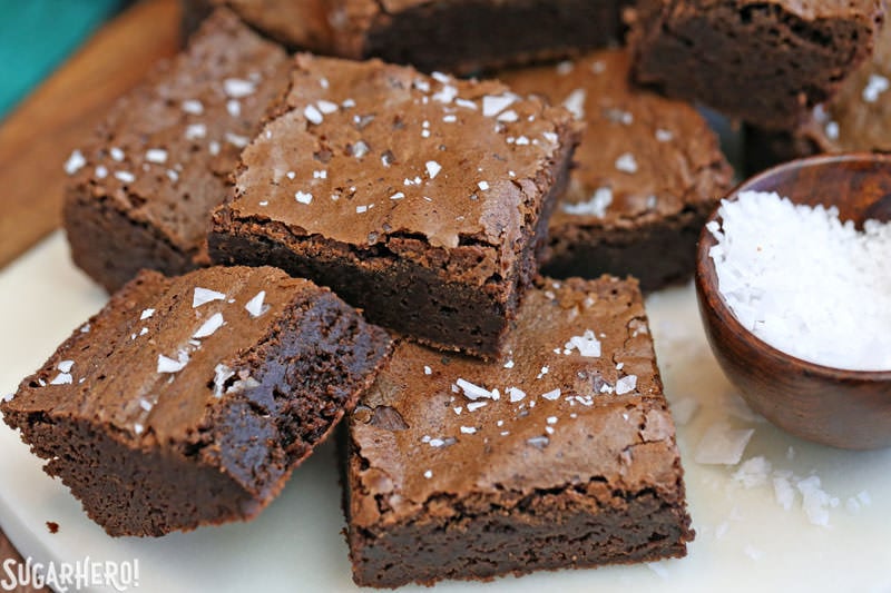 Salted Fudge Brownies | From SugarHero.com Salted Fudge Brownies - rich and fudgy brownies with big flakes of sea salt! | From SugarHero.com