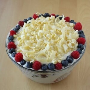 Last Minute Berry Trifle in a clear glass bowl.