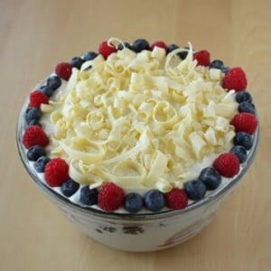 Last Minute Berry Trifle in a clear glass bowl.