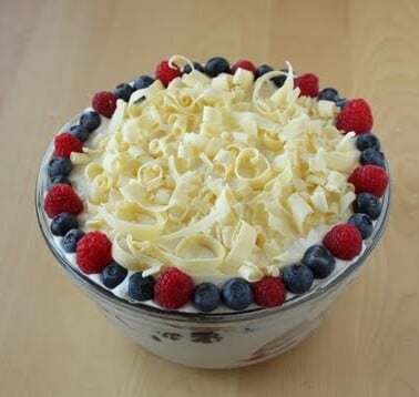 Last Minute Berry Trifle in a clear glass bowl.