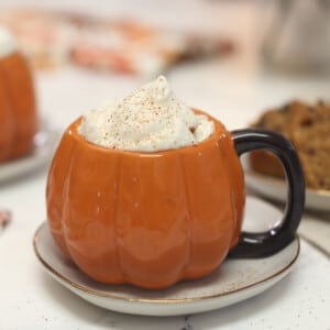 Close up of a pumpkin mug filled with Pumpkin Hot Chocolate.