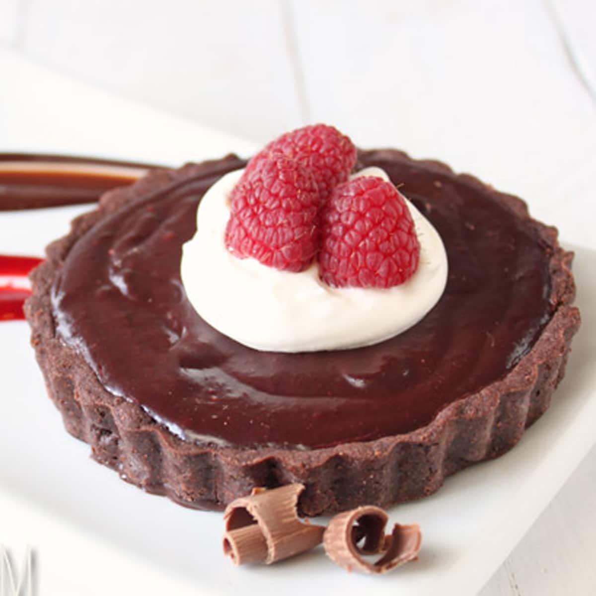 Close up of a Chocolate Raspberry Tart.