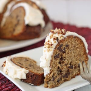 2 slices of Roasted Banana Bundt Cake on a square white plate.