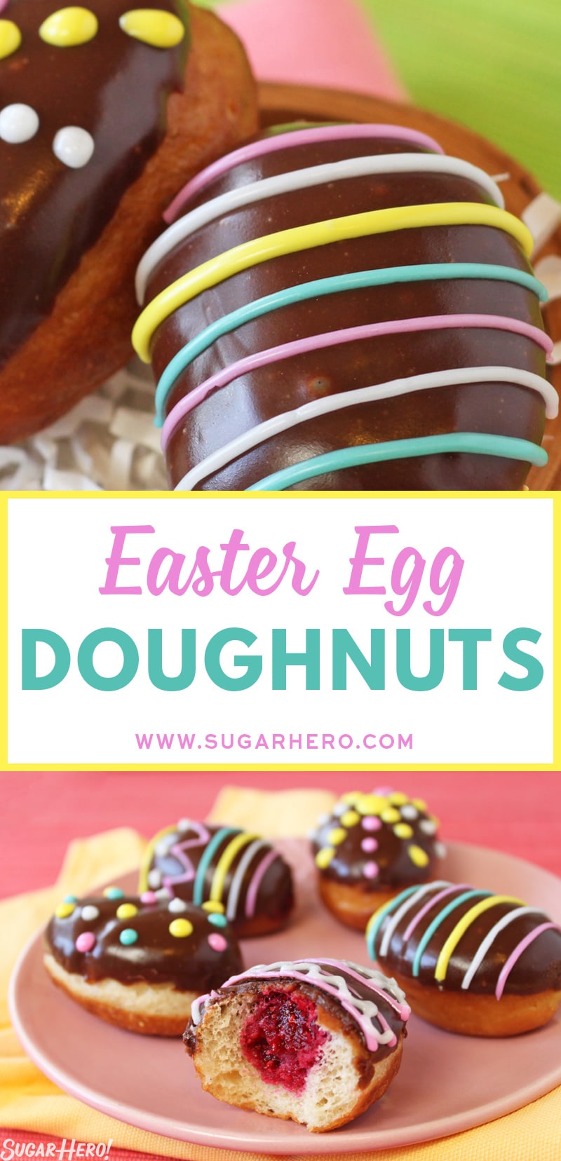 2 photo collage of Easter Egg Doughnuts with text overlay for Pinterest.