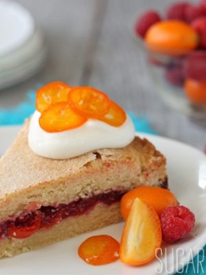 Slice of Raspberry Kumquat Sugar Cookie Cake on a white plate surrounded by fruit.