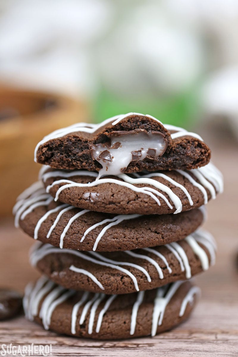 Junior Mint Cookies are soft and chewy chocolate-mint cookies, with a Junior Mint baked right into the center! | From SugarHero.com Junior Mint Cookies are soft and chewy chocolate-mint cookies, packed with Junior Mints! | From SugarHero.com