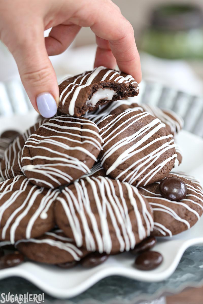 Junior Mint Cookies are soft and chewy chocolate-mint cookies, with a Junior Mint baked right into the center! | From SugarHero.com Junior Mint Cookies are soft and chewy chocolate-mint cookies, with a Junior Mint baked right into the center! | From SugarHero.com