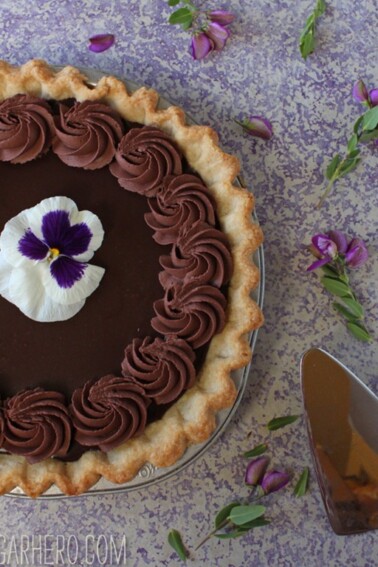 Top view of half of a Chocolate Lavender Pie.