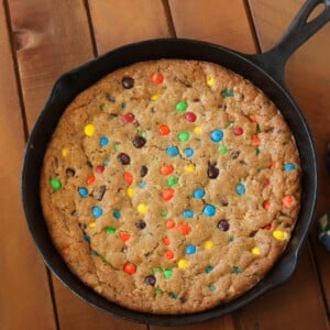 Close up of a whole M&M Skillet Cookie.