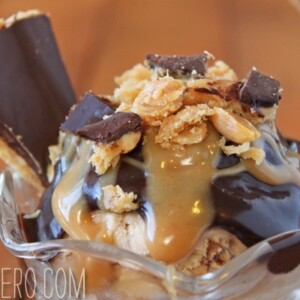 Close up of a Peanut Butter Toffee Sundae with Peanut Butter Sauce.