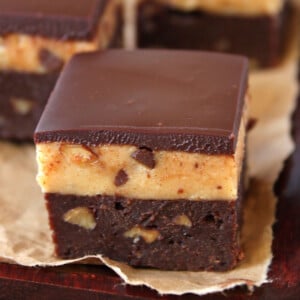 Close up of a Caramel Cheesecake-Topped Brownie.