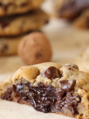 Inside view of a gooey Truffle-Stuffed Chocolate Chip Cookie.