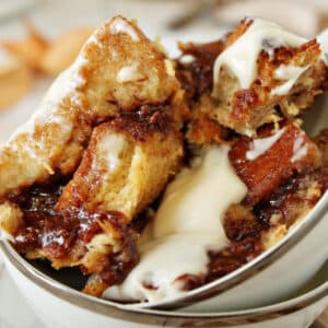 Close up of a serving of Cinnamon Bun Bread Pudding.