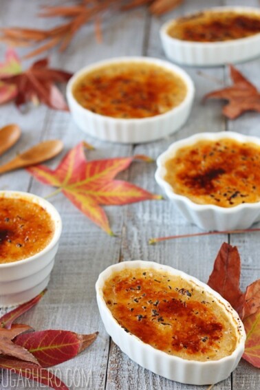 Rice Pudding Brûlée in a cream colored bowls.