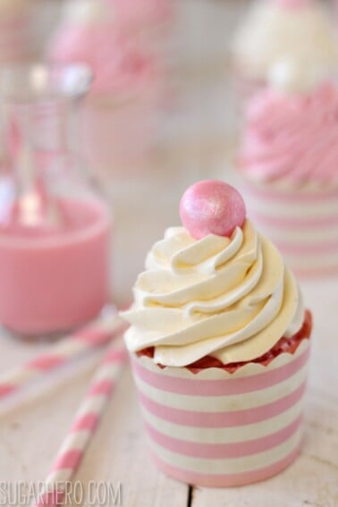 Close up of a Strawberry Cupcake with Italian Meringue Buttercream.