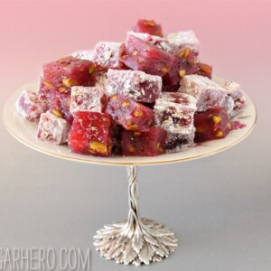 Raspberry-Pistachio Turkish Delight on a silver platter.
