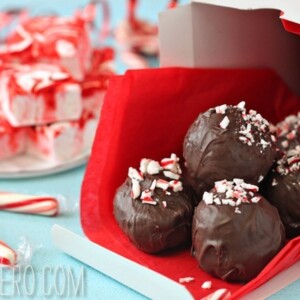 5 Hot Chocolate Truffles on a red napkin with Peppermint Swirl Marshmallows in the background.