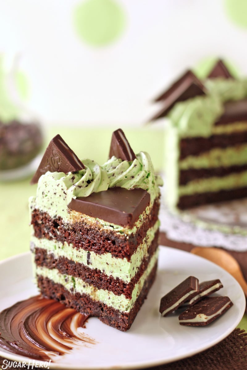 Mint Chocolate Chip Layer Cake - chocolate cake with Andes mints and a DELICIOUS mint chip frosting! | From SugarHero.com