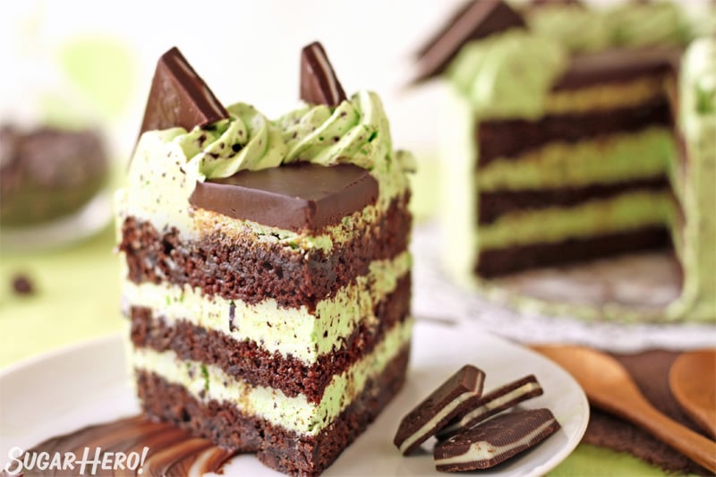 Slice of mint chocolate chip cake on a white plate with a smear of chocolate underneath