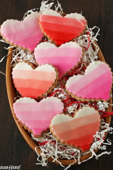 A basket with 7 ombre Brown Butter Heart Cookies.