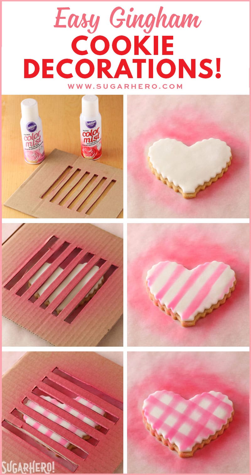 Brown Butter Heart Cookies - photo tutorial showing how to create the gingham pattern on fondant using color mist sprays | From SugarHero.com