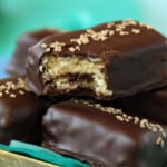 Close up of Chocolate-Dipped Pound Cake squares.