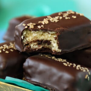Close up of Chocolate-Dipped Pound Cake squares.
