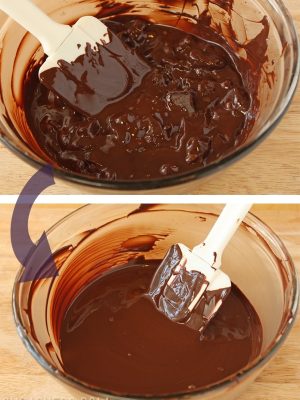 2 photo collage of chocolate being melted and stirred until smooth for the How to Temper Chocolate post.