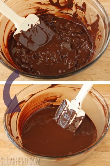 2 photo collage of chocolate being melted and stirred until smooth for the How to Temper Chocolate post.