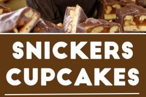 A two photo collage of Snickers Cupcakes with text overlay for Pinterest.