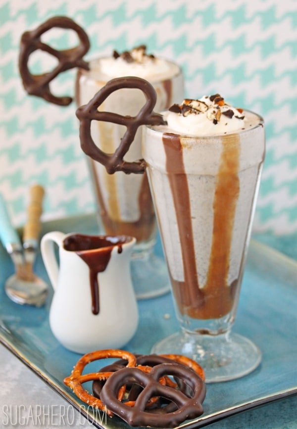 Chocolate-Covered Pretzel Milkshakes |SugarHero.com