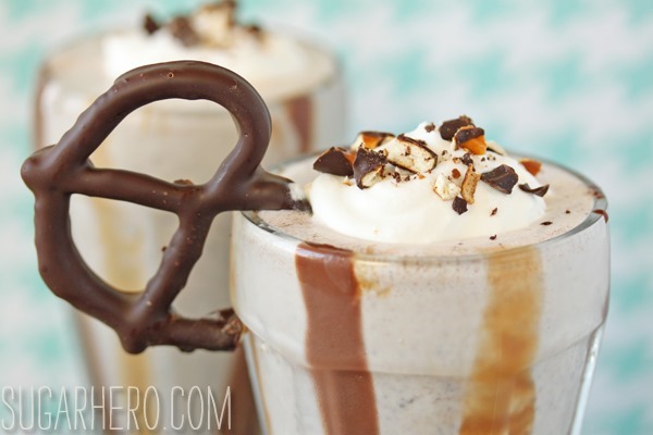 Chocolate-Covered Pretzel Milkshakes | SugarHero.com