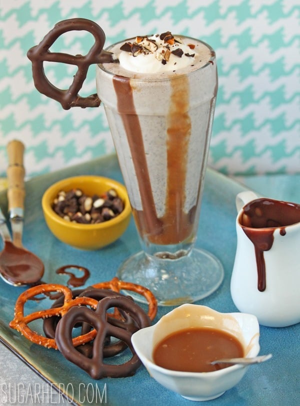 Chocolate-Covered Pretzel Milkshakes | SugarHero.com