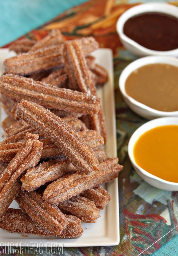 Churros With Three Dipping Sauces | SugarHero.com