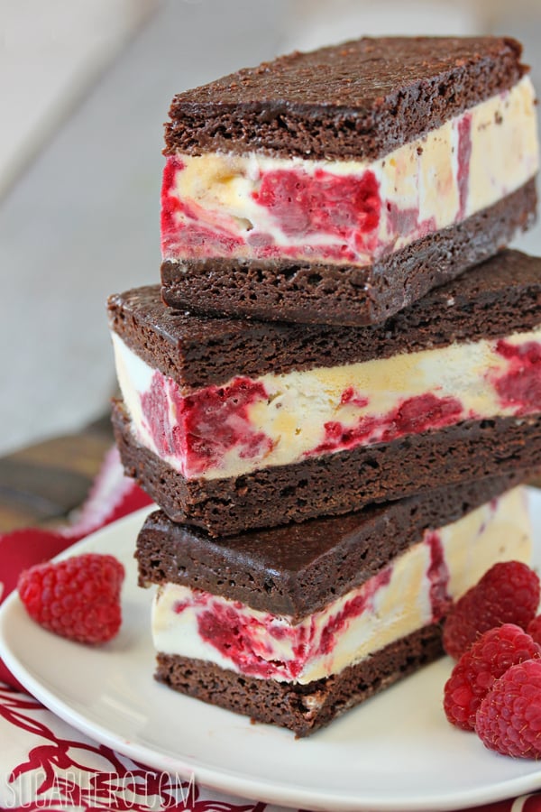 Brownie Raspberry Swirl Ice Cream Sandwiches | SugarHero.com