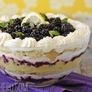 Lemon Blackberry Trifle in a trifle bowl.