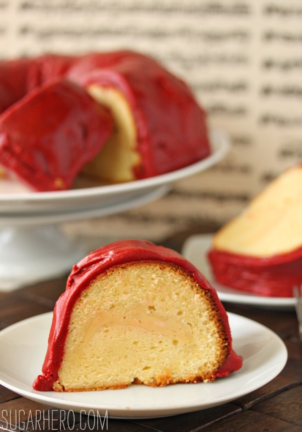 Cream Cheese Cake with Red Velvet Fudge Frosting | SugarHero.com