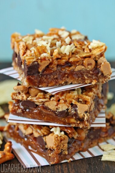 3 Dude Food Magic Bars stacked one on top of another.