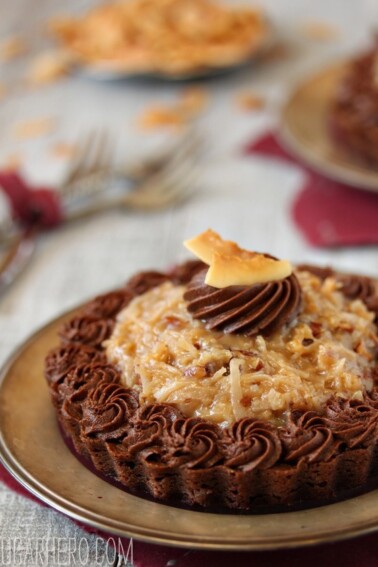 Side view of a German Chocolate Brownie Tart.