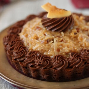 Close up of a German Chocolate Brownie Tart.