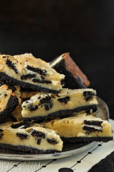Stack of Cookies and Cream Oreo Cookie Bars on a plate.