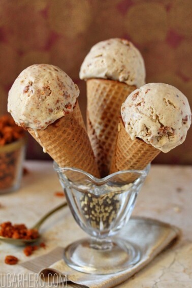 3 Cinnamon Crunch Ice Cream Cones in a glass dessert dish.
