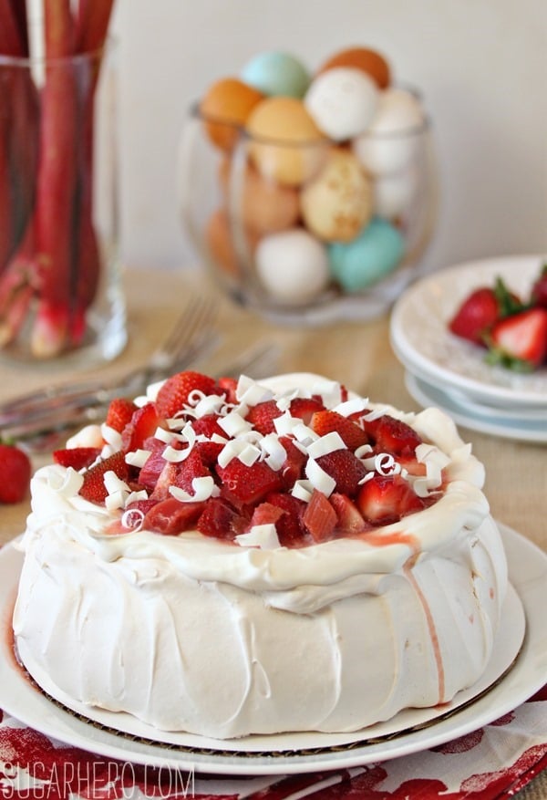 Strawberry Rhubarb Pavlova | SugarHero.com