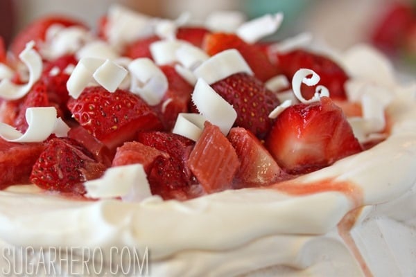 Strawberry Rhubarb Pavlova | SugarHero.com