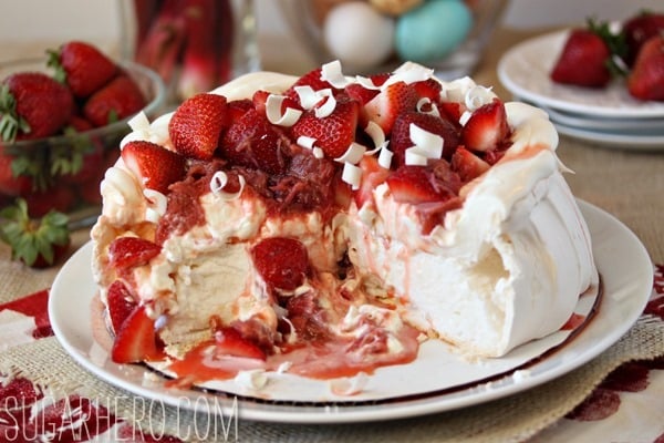 Strawberry Rhubarb Pavlova | SugarHero.com